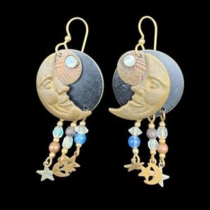 Vintage 90s Moon & Star Dangle Earrings in Gold and Black